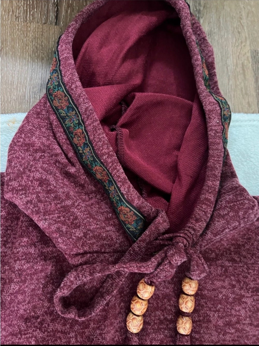 Women's Maroon Hooded Sweater with Decorative Trim